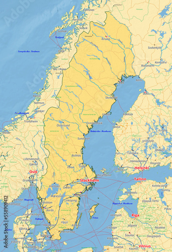 Fototapeta Naklejka Na Ścianę i Meble -  Schweden Karte mit Städten Straßen Flüssen Seen