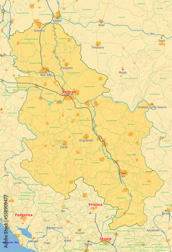 Serbien Karte mit Städten Straßen Flüssen Seen