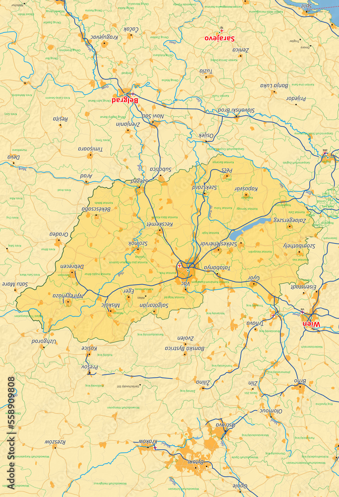 Ungarn Karte mit Städten Straßen Flüssen Seen