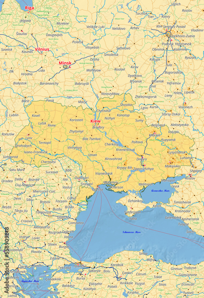 Naklejka premium Ukraine Karte mit Städten Straßen Flüssen Seen