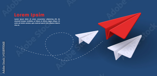 Red Paper plane symbol message sending with white paper planes and dashed line, email 3d composition
