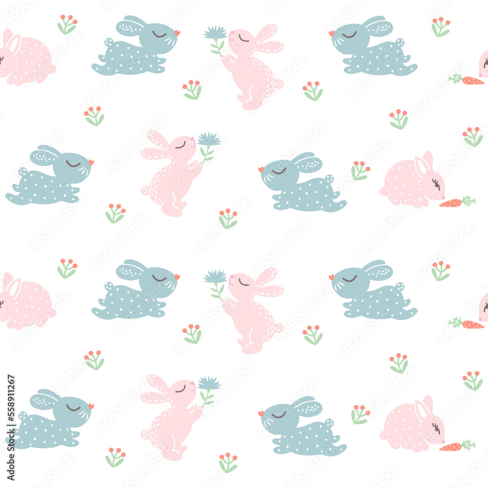 Obraz premium Bunny seamless pattern with cute jumping rabbit and pink hare with flower. Baby cloth, textile, fabric, Easter background, wallpaper, gift wrapping paper. Vector illustration, repeating texture 