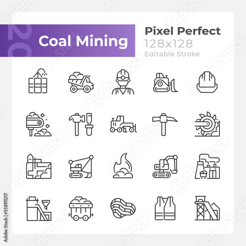 Coal mining pixel perfect linear icons set. Personal protective equipment. Heavy industry. Fossil fuel. Customizable thin line symbols. Isolated vector outline illustrations. Editable stroke