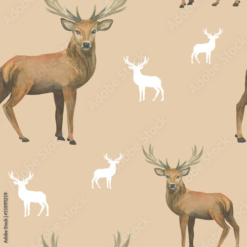 Deer pattern. Watercolor seamless pattern. Digital paper.