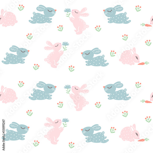 Bunny seamless pattern with cute jumping rabbit and pink hare with flower. Baby cloth, textile, fabric, Easter background, wallpaper, gift wrapping paper. Vector illustration, repeating texture  © Alena