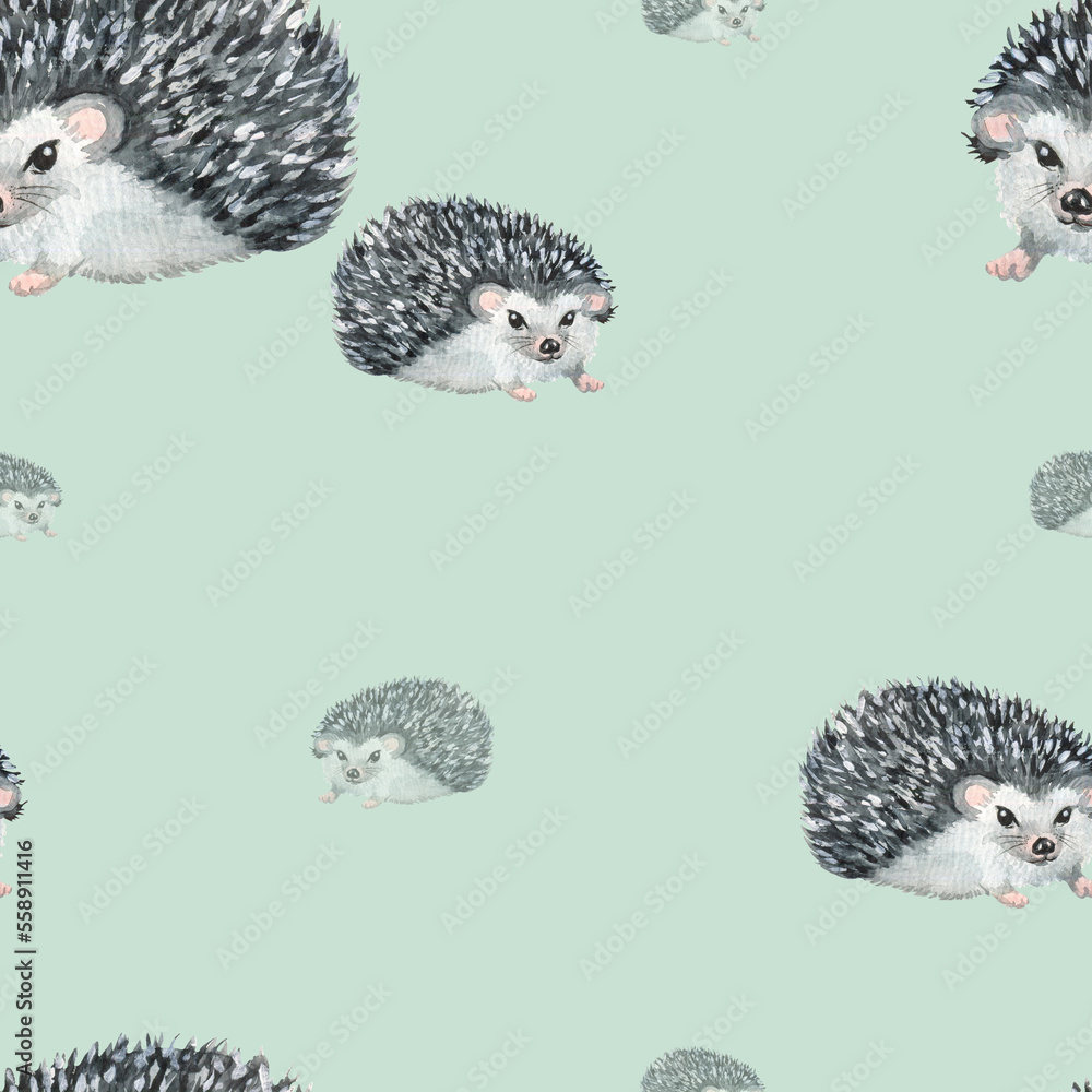 Fototapeta premium Hedgehog pattern. Watercolor seamless pattern. Digital paper.