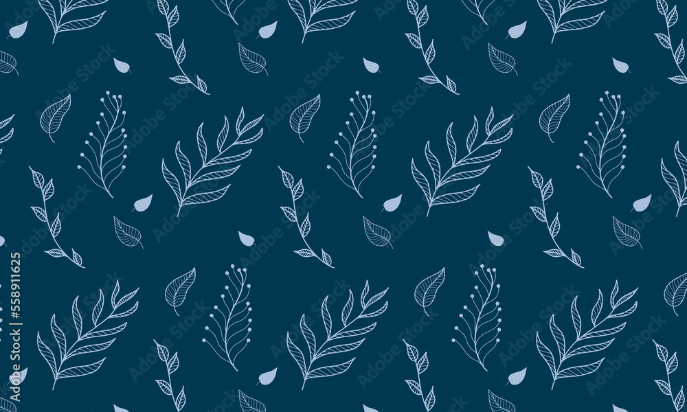Gentle hand drawn floral vector pattern on a blue background with flowers, leaves, branches Gentle hand drawn floral vector pattern on a blue background with flowers, leaves, branches