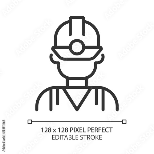 Miner pixel perfect linear icon. Manual labour. Coal mining industry employee. Uniform and protective equipment. Thin line illustration. Contour symbol. Vector outline drawing. Editable stroke