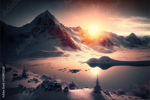 Sunset in the mountains. Nature, winter mounteins. AI generative