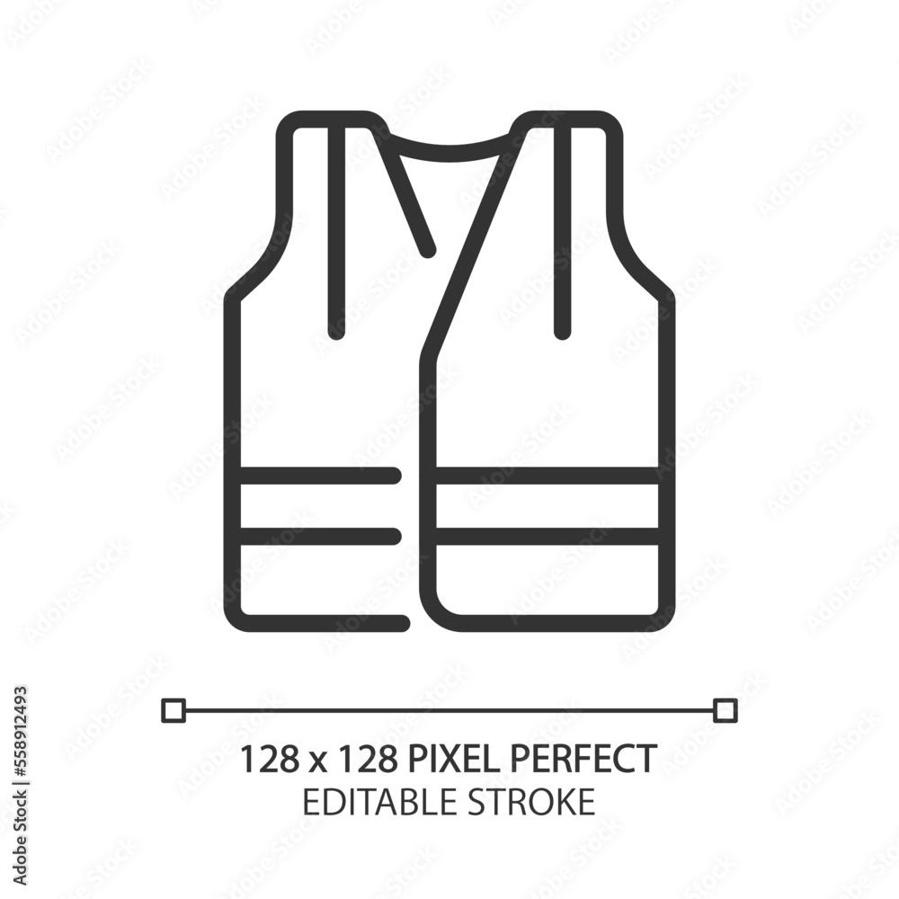 Reflective vest pixel perfect linear icon. Visible uniform for miners. Personal protection. Heavy industry equipment. Thin line illustration. Contour symbol. Vector outline drawing. Editable stroke Reflective vest pixel perfect linear icon. Visible uniform for miners. Personal protection. Heavy industry equipment. Thin line illustration. Contour symbol. Vector outline drawing. Editable stroke