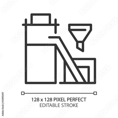 Coal preparation plant pixel perfect linear icon. Preparing materials for market. Ore and rocks processing factory. Thin line illustration. Contour symbol. Vector outline drawing. Editable stroke