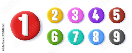 3d colourful number bullet points set 1 to 9 isolated, list items children cartoon graphic