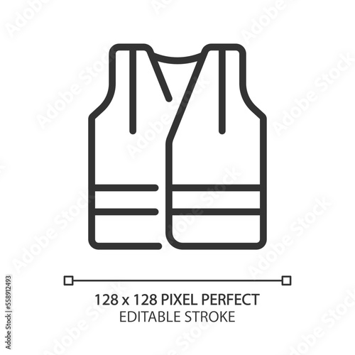 Reflective vest pixel perfect linear icon. Visible uniform for miners. Personal protection. Heavy industry equipment. Thin line illustration. Contour symbol. Vector outline drawing. Editable stroke