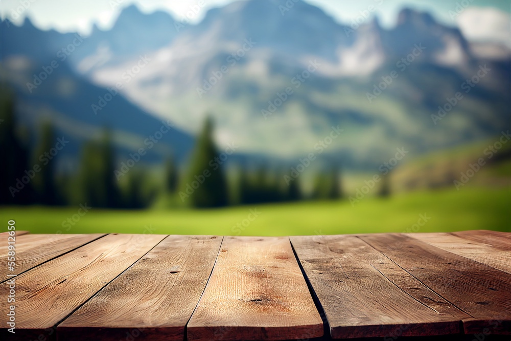 Obraz premium Wooden table background with landscape of mountains, green alpine meadow and wildlife. Rustic empty wooden table for product and merchandise display. Generative AI image illustration