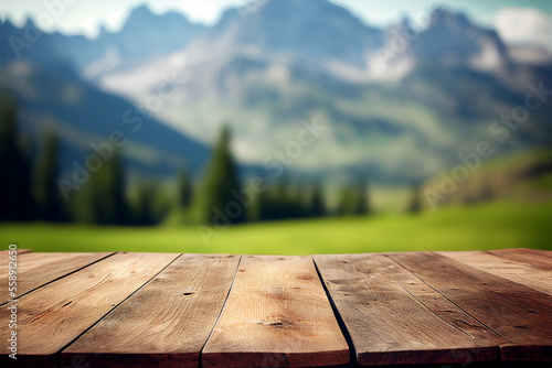 Wooden table background with landscape of mountains, green alpine meadow and wildlife. Rustic empty wooden table for product and merchandise display. Generative AI image illustration