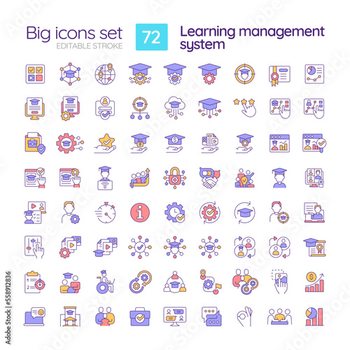 Learning management system RGB color icons set. Software application for education. User interface. Isolated vector illustrations. Simple filled line drawings collection. Editable stroke