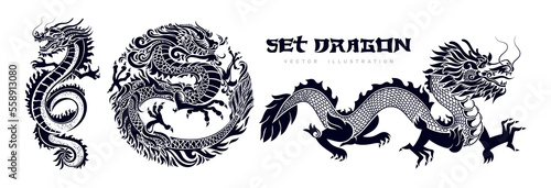 Traditional Chinese Dragon. Set of black asian dragons. Happy Chinese New Year 2024 year of the dragon zodiac sign with asian elements black and white paper cut style. Vector Illustration.