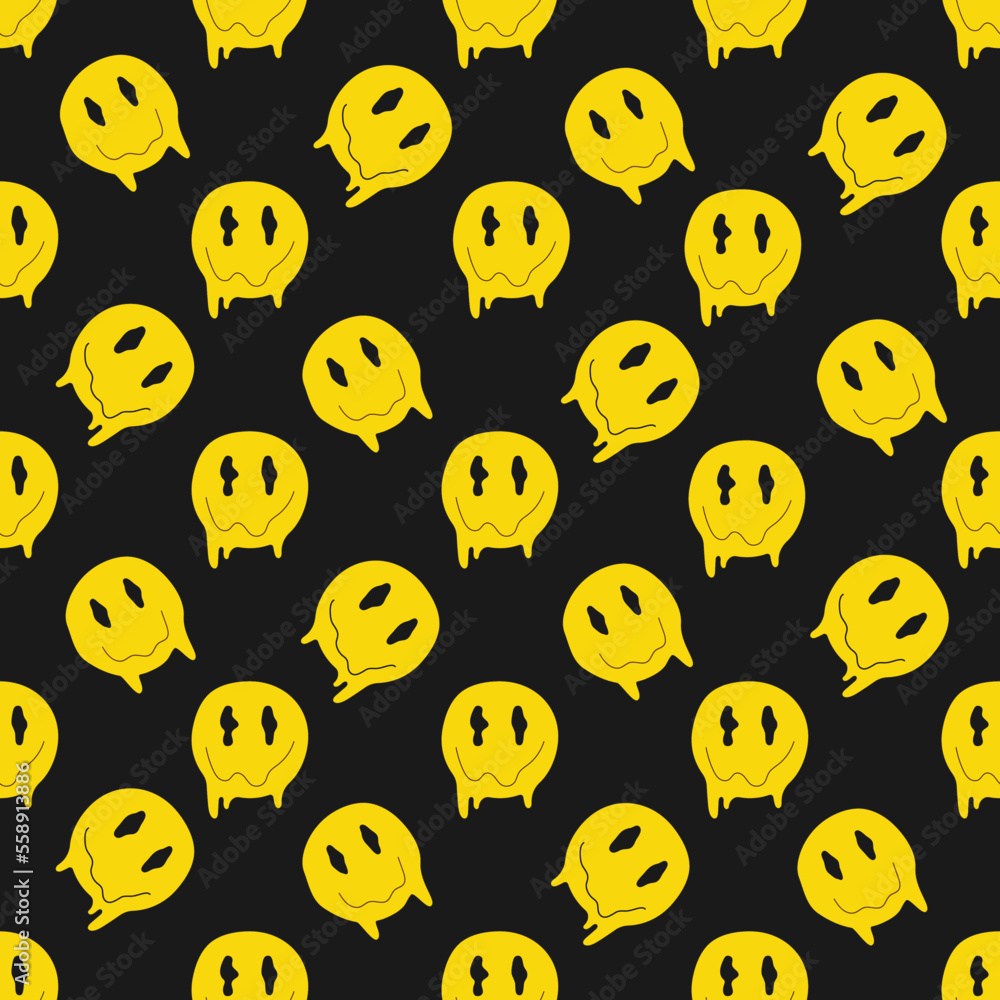Vector seamless pattern with psychedelic quirky cartoon face.Melted smile faces in trippy acid rave style. Design for stickers, sweatshirts, t-shirts. Vector illustration Vector seamless pattern with psychedelic quirky cartoon face.Melted smile faces in trippy acid rave style. Design for stickers, sweatshirts, t-shirts. Vector illustration