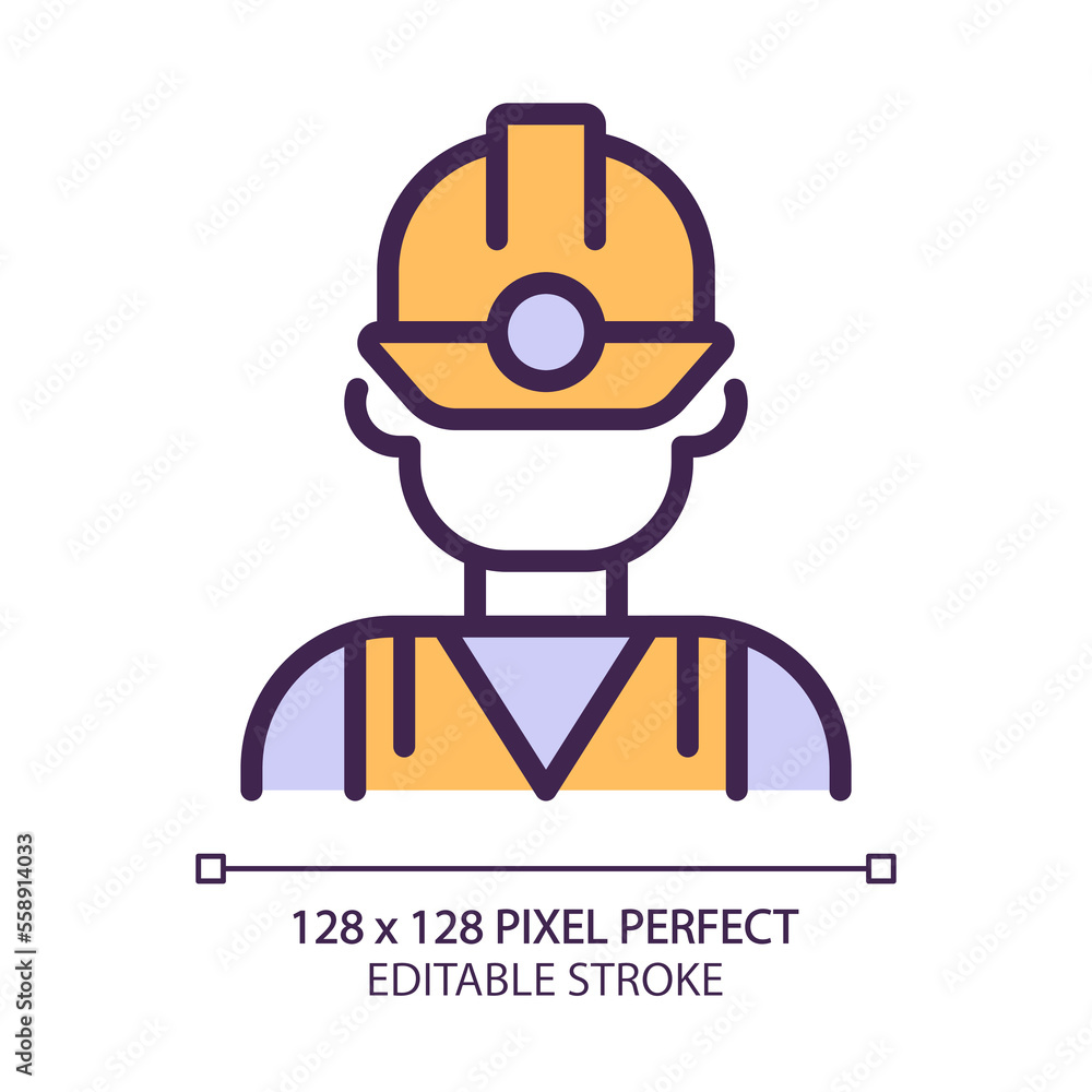 Miner pixel perfect RGB color icon. Manual labour. Coal mining industry employee. Uniform and protective equipment. Isolated vector illustration. Simple filled line drawing. Editable stroke Miner pixel perfect RGB color icon. Manual labour. Coal mining industry employee. Uniform and protective equipment. Isolated vector illustration. Simple filled line drawing. Editable stroke