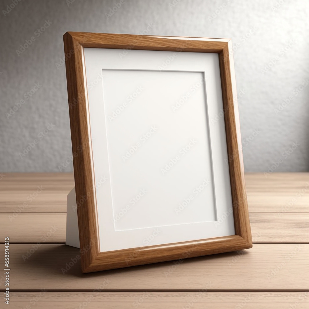 Placeholder mock-up small wooden frame on top of a wooden underground or wooden floor. Perfect for a portrait image, artwork or design. Realistic lighting and rendered. (AI Generated) Placeholder mock-up small wooden frame on top of a wooden underground or wooden floor. Perfect for a portrait image, artwork or design. Realistic lighting and rendered. (AI Generated)