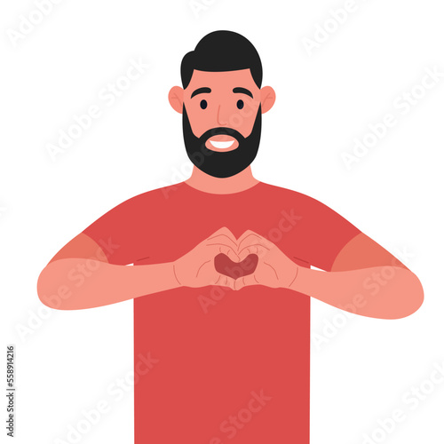Bearded man making or gesturing heart symbol with fingers. Vector illustration.