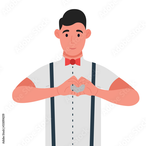 Young man making or gesturing heart symbol with fingers. Vector illustration.