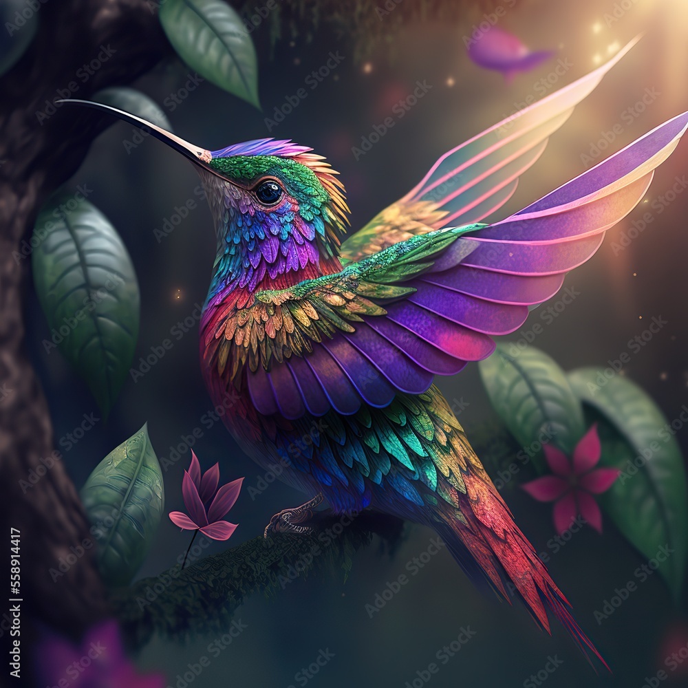 Obraz premium Hovering fantasy hummingbird. Rainbow colors. Generative ai.