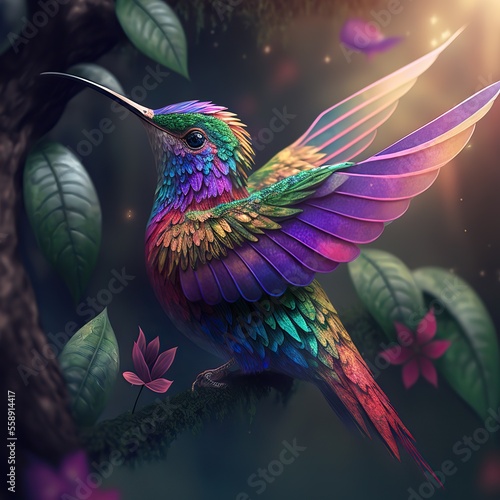 Hovering fantasy hummingbird. Rainbow colors. Generative ai. © FantasyEmporium