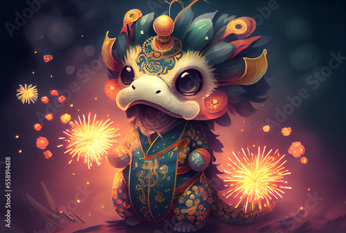 Chinese cute dragon with fire fireworks at celebration party background. Generative AI