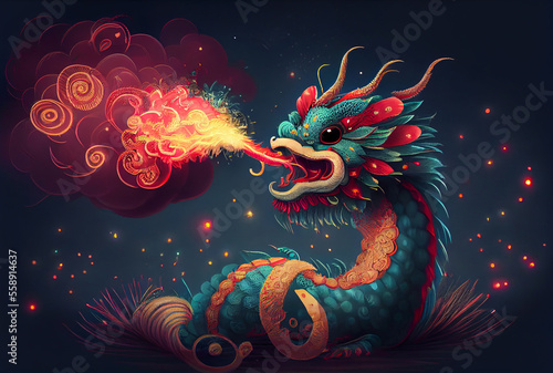 Chinese cute dragon with fire fireworks at celebration party background. Generative AI