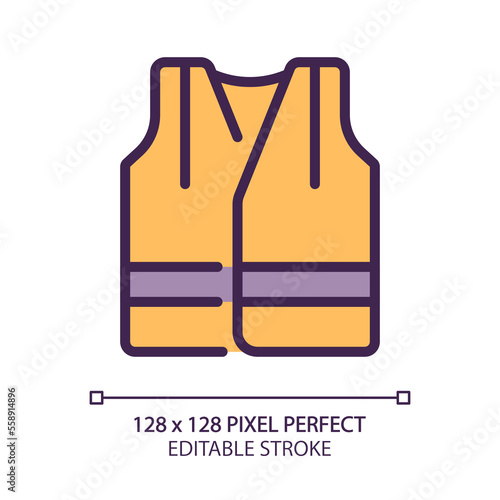 Reflective vest pixel perfect RGB color icon. Visible uniform for miners. Personal protection. Heavy industry equipment. Isolated vector illustration. Simple filled line drawing. Editable stroke