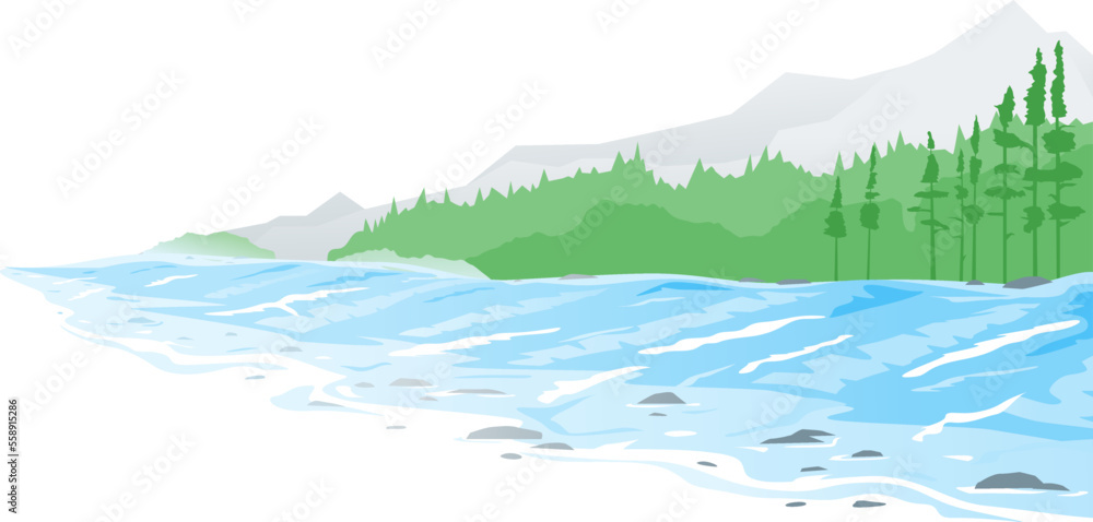 Mountain river flow with stones, nature landscape illustration on white background