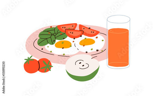 Fried eggs and vegetables, breakfast dish. Healthy food served on plate, glass of juice, tomato, piece of apple fruit. Home cooked morning meal. Flat vector illustration isolated on white background