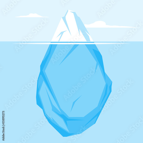Full big iceberg in the sea on side view with underwater part, flat style illustration