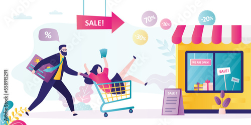 Sale time in shop, happy people run for discounts. Shopaholic, shopping addiction. Consumers with credit card and shopping trolley rush to store or supermarket. Shopping time. Store building.