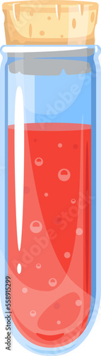 Small bottle of red elixir, glass vessel with cork, isolated