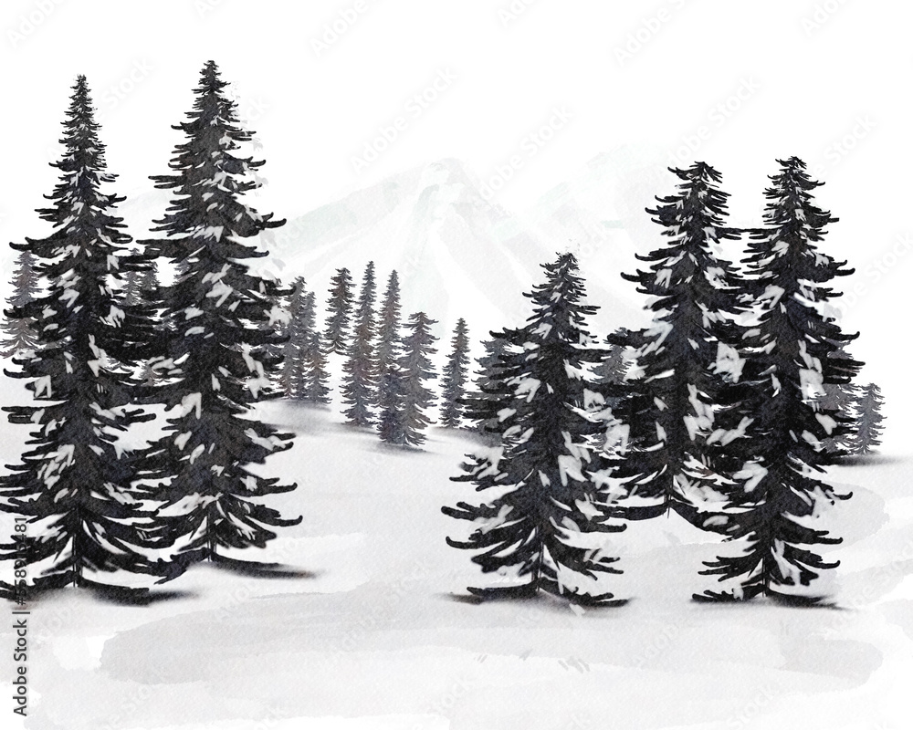 winter mountain landscape Watercolor painting
