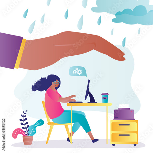 Employer protects and supports valuable employee. Hand covering office worker from rain. Management provides guarantee of safety for workers, insurance. © Marina