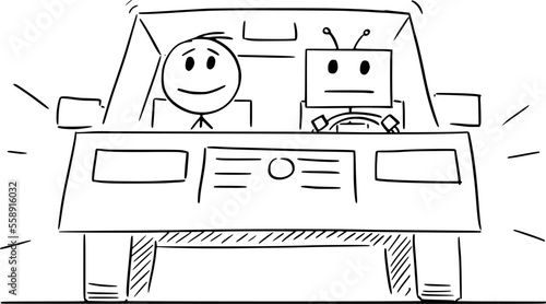 Robot or Artificial Intelligence as Driver in Car, Autonomous Driving, Vector Cartoon Stick Figure Illustration