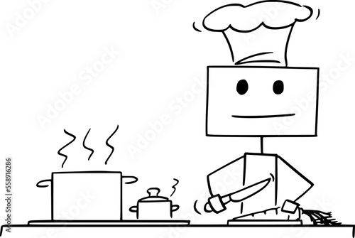 Robot Chef or Cook Cooking in Kitchen , Vector Cartoon Stick Figure Illustration