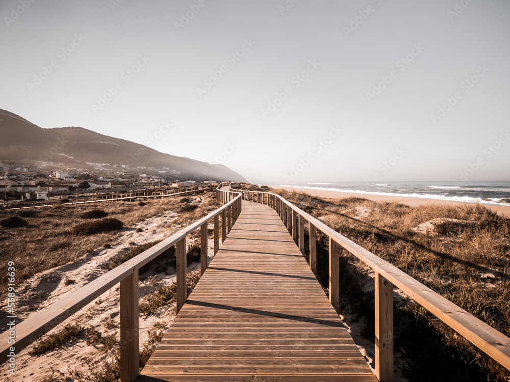 A long boardwalk on a grassy sand dune along the beach leading to the mountain with desaturated colors. The way ahead concept. Quiaios Beach, Portugal