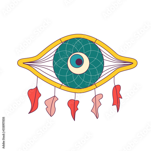 Dream catcher eye shape decorated with feathers. Good luck fatima eye symbol.