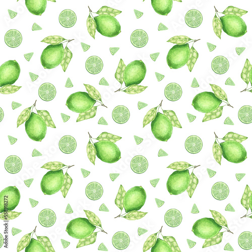 Juicy green lime. Lime slices. Exotic citrus fruit. Watercolor seamless pattern. On a white background. Suitable for textiles, packaging, wrapping, postcards, decoration.