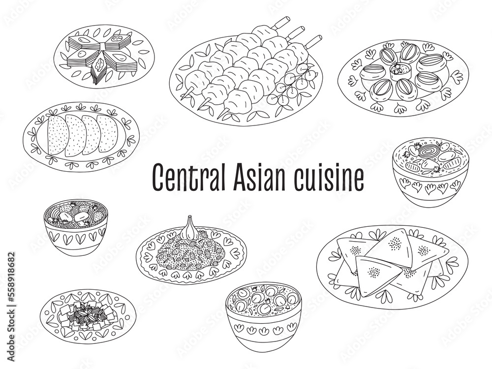 Central Asian food cuisine dishes vector set. Different kinds of  central Asian cuisine samsa, shorpa, shashlik, pilaf, lagman soup and beshbarmak. 