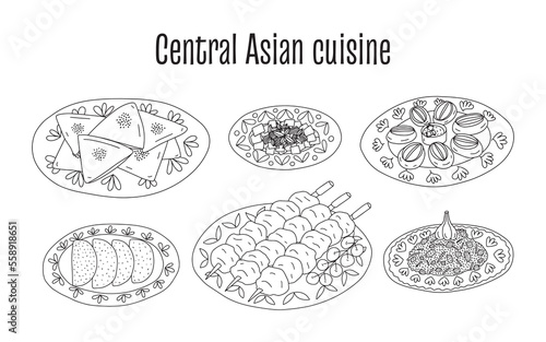 Vector central Asian food cuisine dishes set. Hand drawn plates with central Asian food samsa, besh barmak, shashlik, manti, qutab and pilaf set