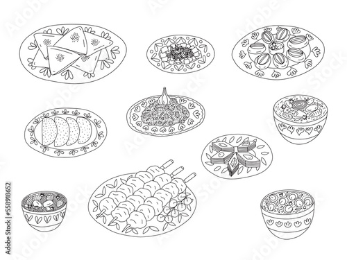 Central Asian food cuisine dishes vector set. Different kinds of  central Asian cuisine samsa, shorpa, shashlik, pilaf, lagman soup and beshbarmak. 
