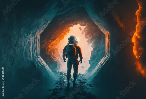 An astronaut space explorer walking through a tunnel towards outer space. Generative ai