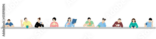 Guys and girls with cups in their hands are sitting at a very long table, flat vector, isolate on white, faceless illustration, cafe concept, tea party