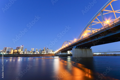 Musashikosugi buildings and the Tama River before dawn