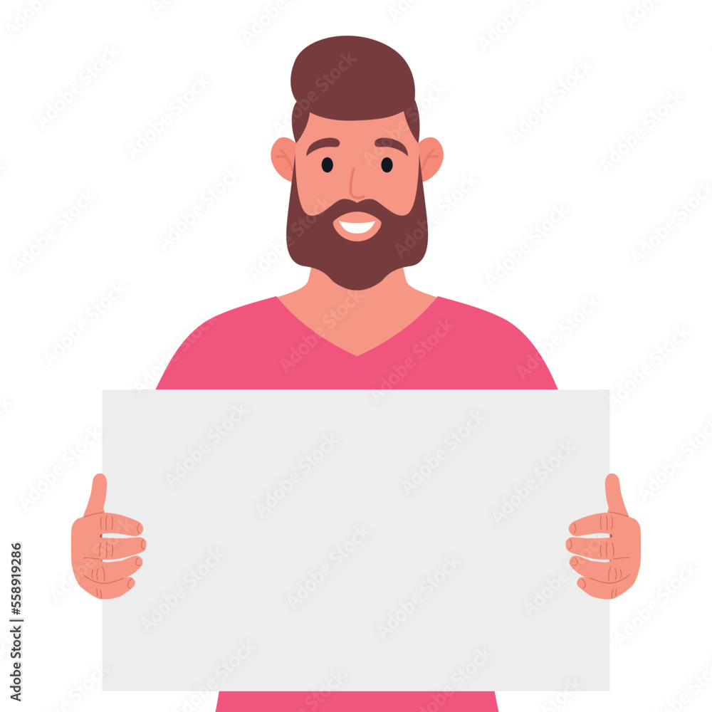 Bearded man in pink t-shirt holding a blank poster, empty sheet of white paper or board. Vector illustration. Bearded man in pink t-shirt holding a blank poster, empty sheet of white paper or board. Vector illustration.